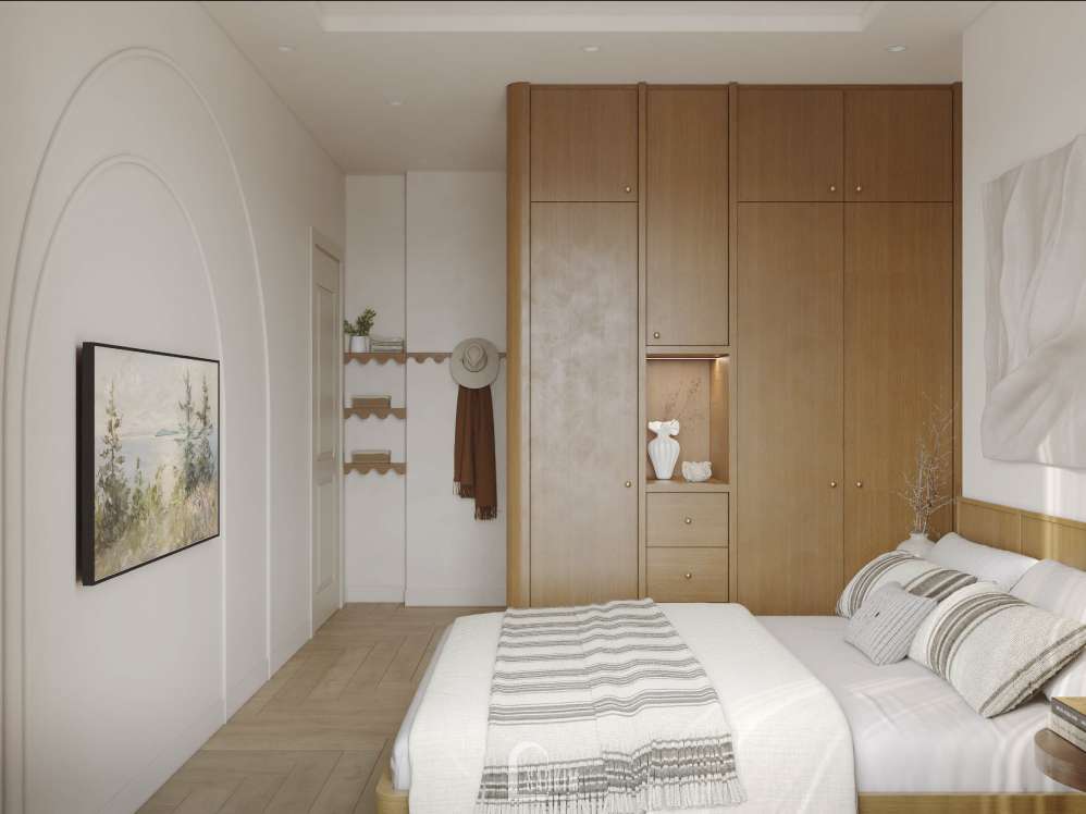 Thiết kế chung cư Viha Complex Leciva – phòng ngủ phụ hài hòa giữa chất liệu gỗ tự nhiên và gam màu trung tính.